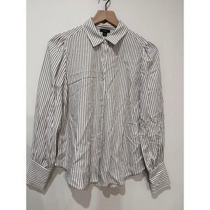 Ann Taylor Factory Striped Puff Sleeve Button Down Blouse Womens XS Brown White